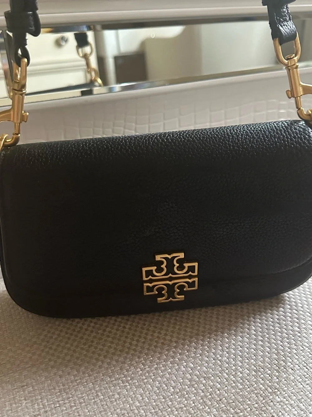 Tory Burch Black Pebbled Leather Shoulder Bag with Gold Logo